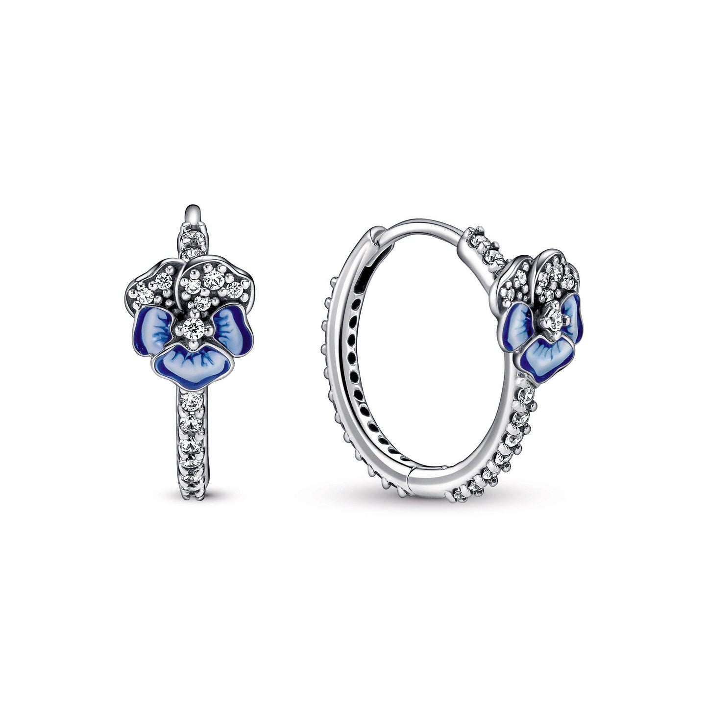 Blue Pansy Flower Hoop Earrings