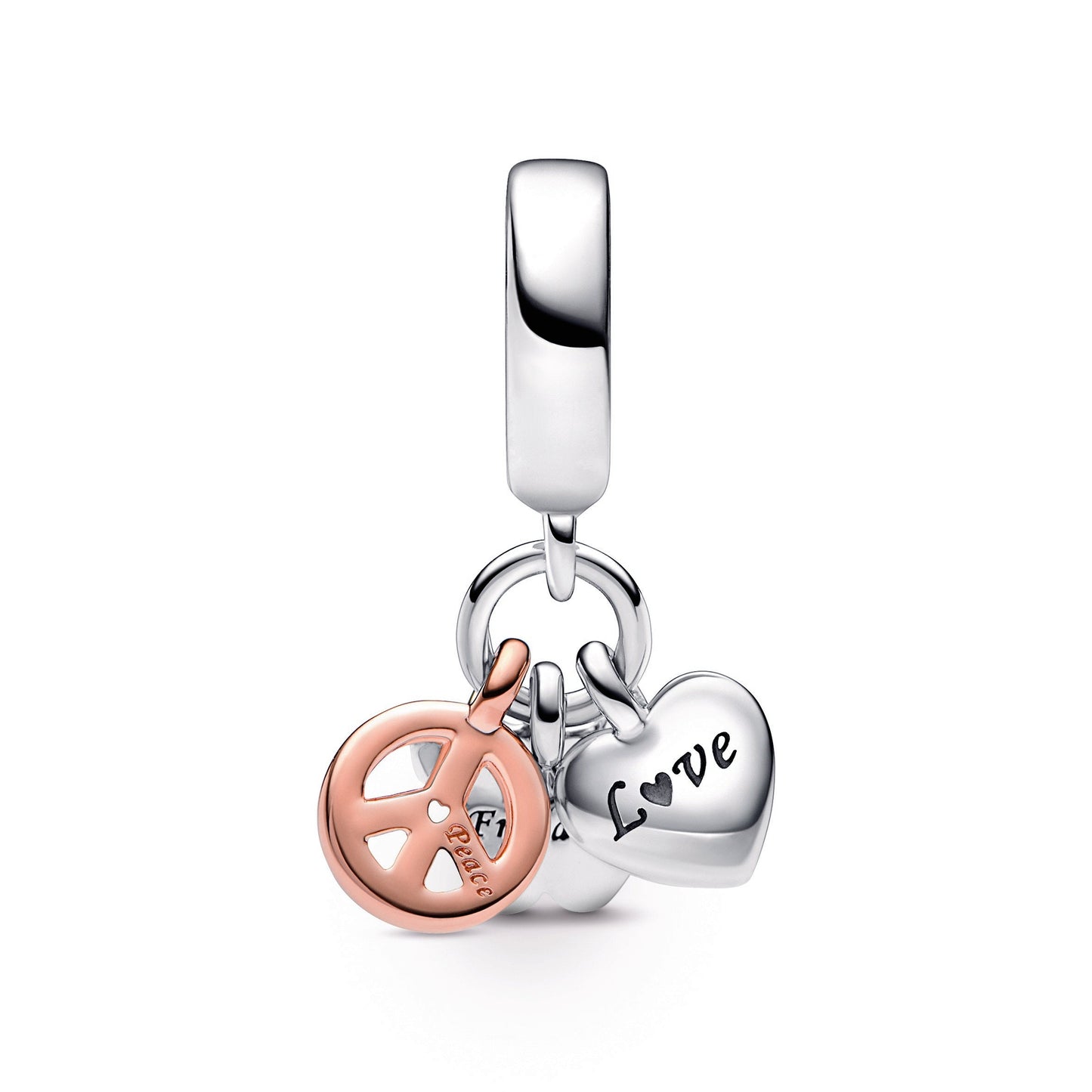 Two-Tone Rainbow Heart, Butterfly & Peace Triple Dangle Charm