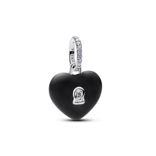 Matte Black Ceramic Heart Padlock Dangle Charm